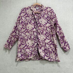 Pax Philomena Tunic Shirt Womens Large Purple Floral Button Front 100% Cotton